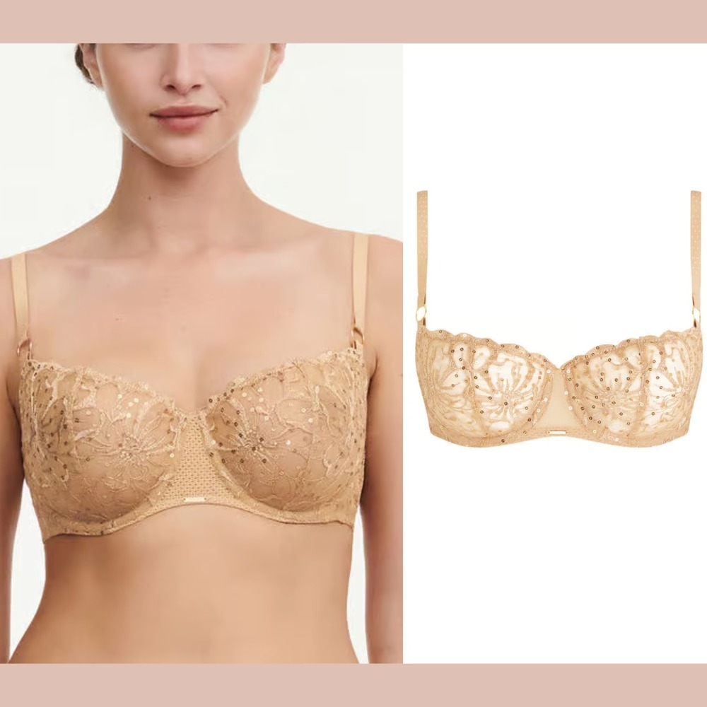 NWT $125 Chantelle [‎ 32C US/UK ] Fleurs Signature Demi Bra Toffee Sequin U1571